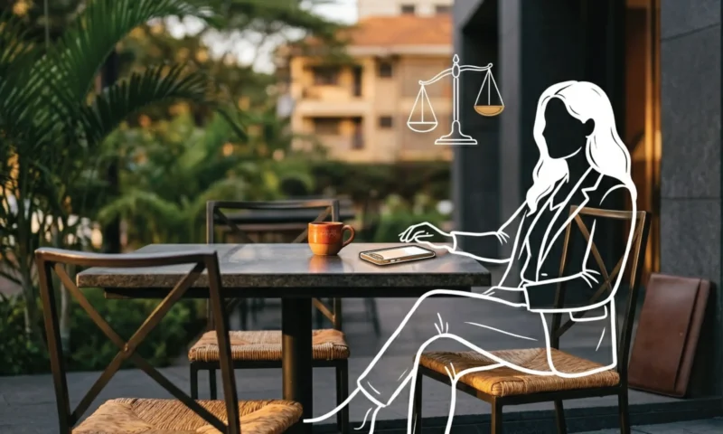 An empty outdoor café table in Westlands Nairobi at golden hour, a coffee cup and phone on the dark stone surface