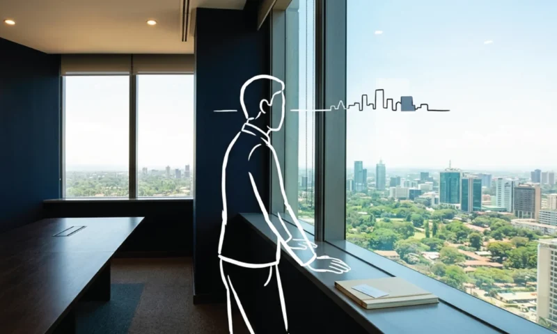 A figure at a floor-to-ceiling window in an Upper Hill Nairobi office, holding a completed brand guidebook, the city spread below