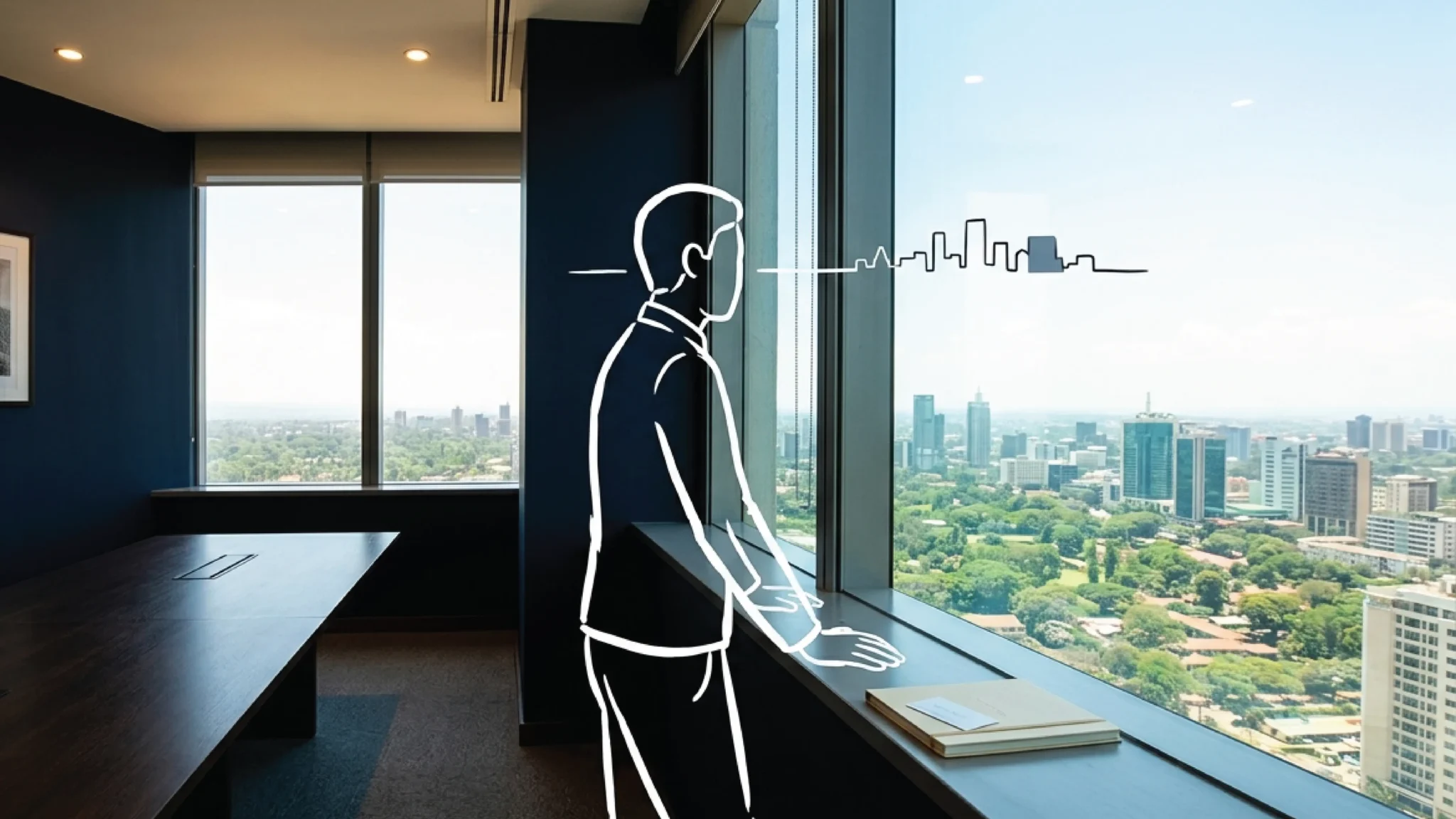 A figure at a floor-to-ceiling window in an Upper Hill Nairobi office, holding a completed brand guidebook, the city spread below