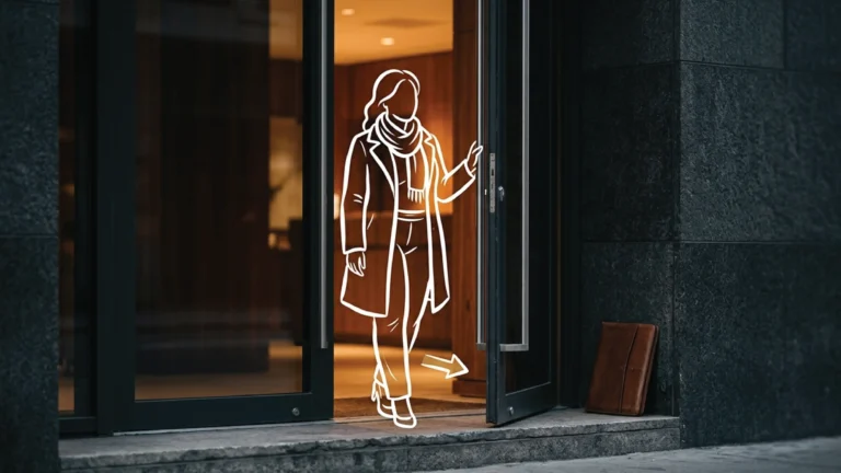 A premium Nairobi building entrance with warm light spilling through an open dark glass door onto a stone threshold