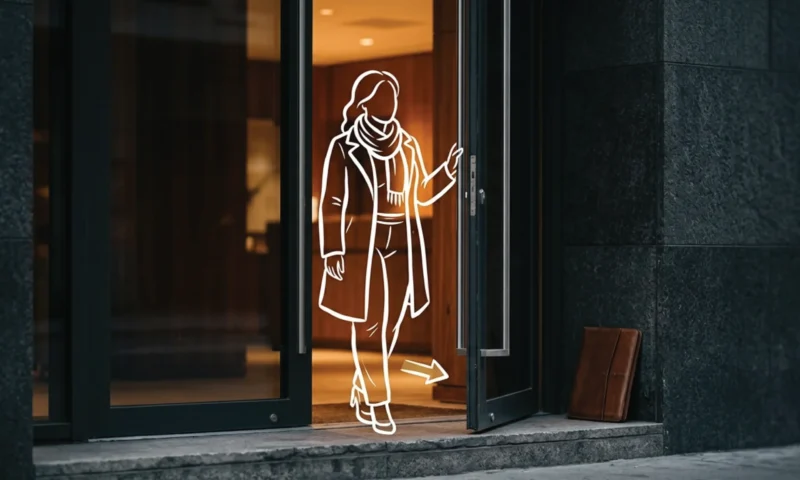 A premium Nairobi building entrance with warm light spilling through an open dark glass door onto a stone threshold