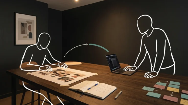 A premium studio workspace with three stylescape direction sheets laid across a dark walnut table, evidence of active brand design work