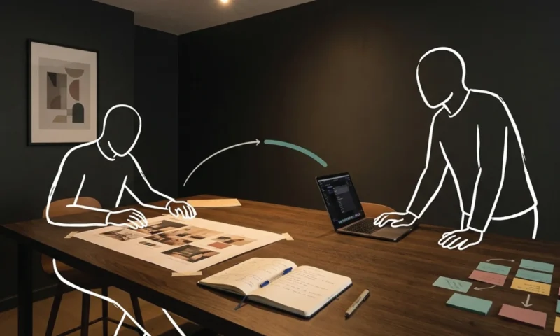 A premium studio workspace with three stylescape direction sheets laid across a dark walnut table, evidence of active brand design work