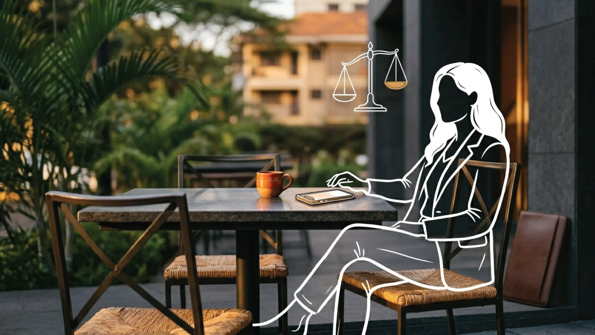 An empty outdoor café table in Westlands Nairobi at golden hour, a coffee cup and phone on the dark stone surface