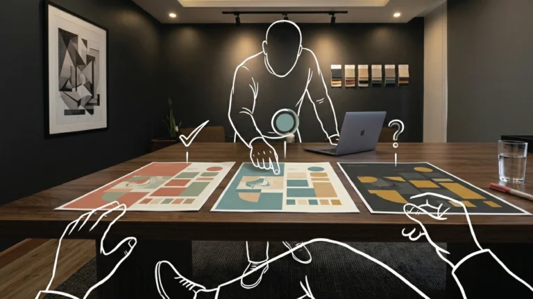 Three large printed stylescape direction sheets laid side by side across a dark walnut studio table in Nairobi, a laptop open at one end