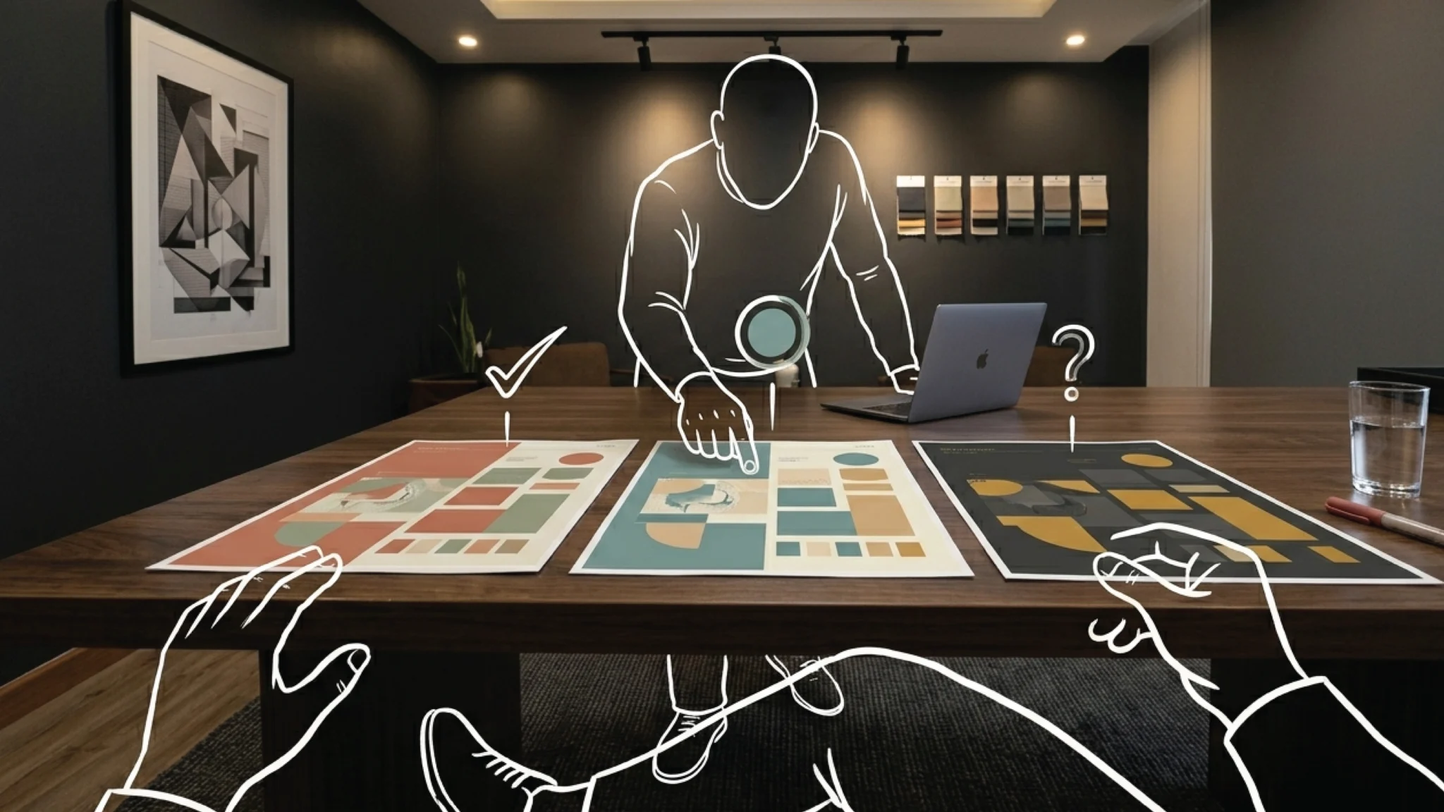 Three large printed stylescape direction sheets laid side by side across a dark walnut studio table in Nairobi, a laptop open at one end