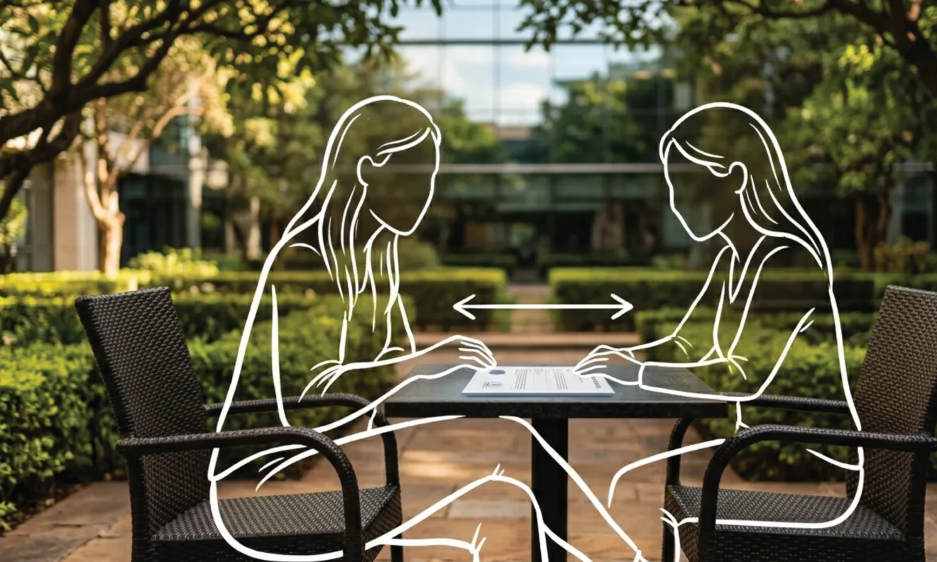 Two identical dark rattan chairs facing each other across a low table in a premium Nairobi courtyard garden, a shared document flat on the table between them