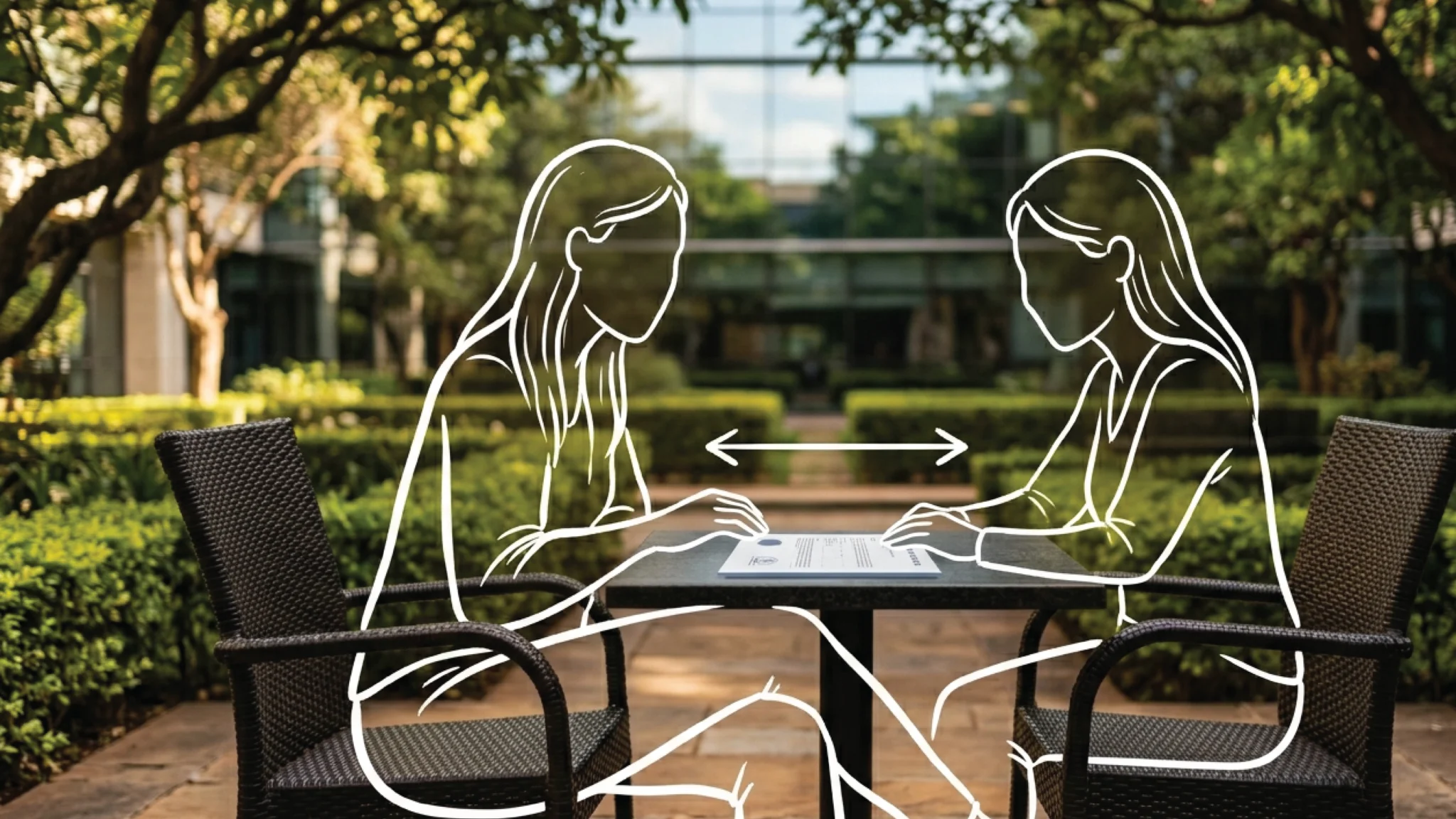 Two identical dark rattan chairs facing each other across a low table in a premium Nairobi courtyard garden, a shared document flat on the table between them