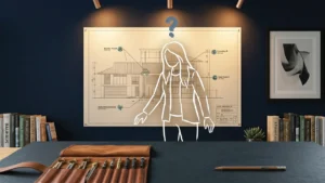 A dark slate workspace surface with a full technical drawing set in a leather case placed deliberately beside a single well-used pencil, deep navy wall behind