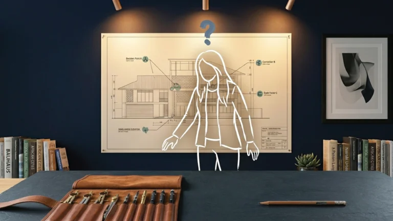 A dark slate workspace surface with a full technical drawing set in a leather case placed deliberately beside a single well-used pencil, deep navy wall behind