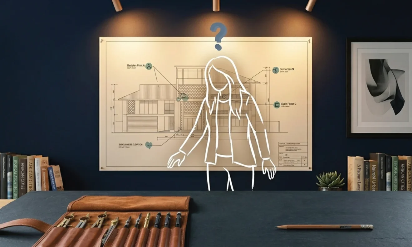 A dark slate workspace surface with a full technical drawing set in a leather case placed deliberately beside a single well-used pencil, deep navy wall behind