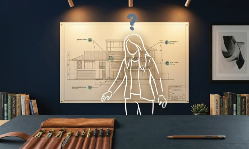 A dark slate workspace surface with a full technical drawing set in a leather case placed deliberately beside a single well-used pencil, deep navy wall behind