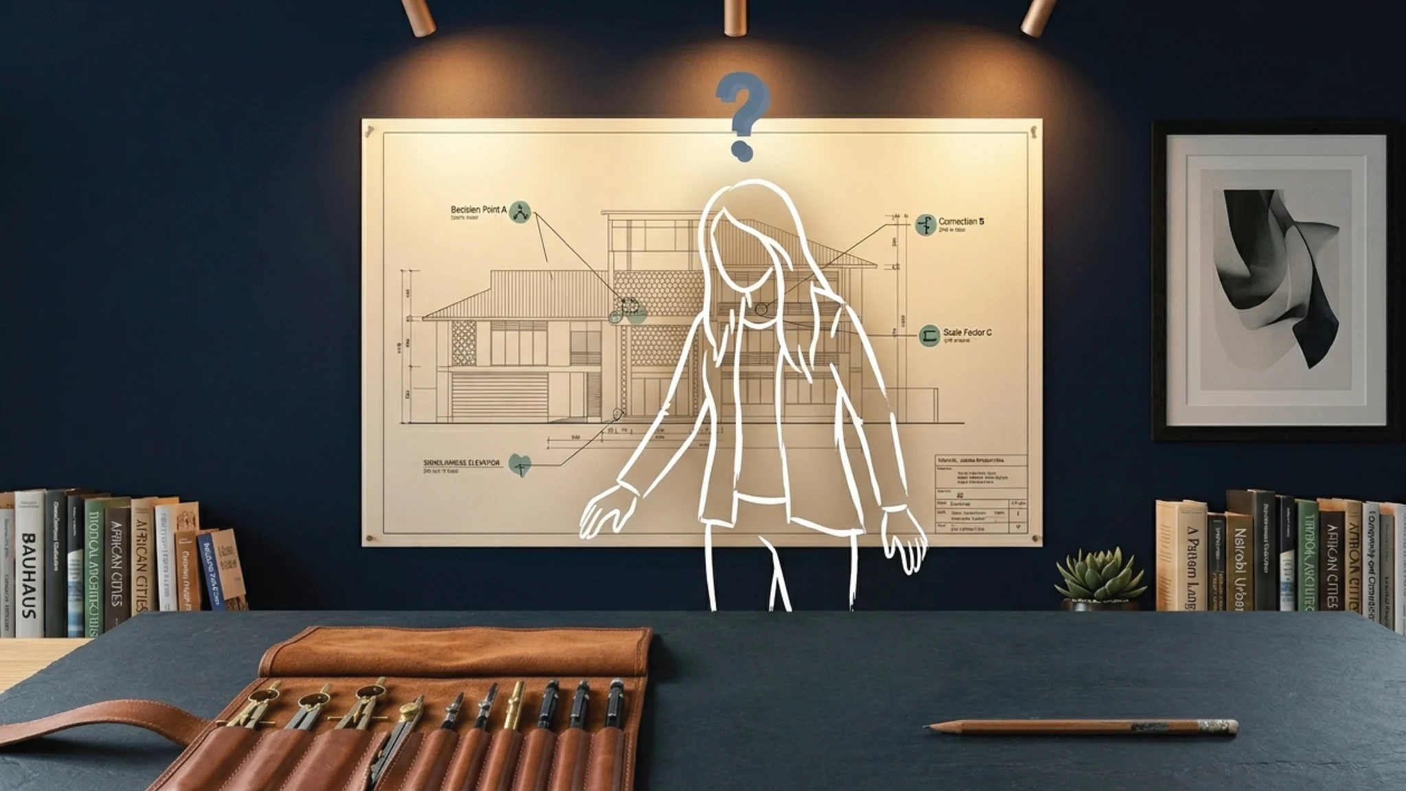 A dark slate workspace surface with a full technical drawing set in a leather case placed deliberately beside a single well-used pencil, deep navy wall behind