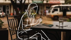 A premium outdoor café table in Westlands Nairobi, a smartphone with an active call on the dark stone surface, an empty chair pulled back