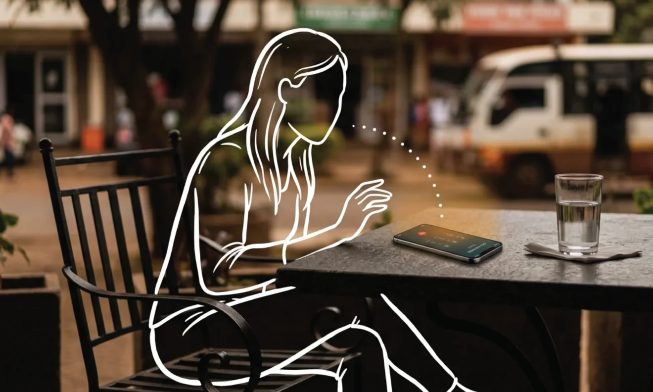 A premium outdoor café table in Westlands Nairobi, a smartphone with an active call on the dark stone surface, an empty chair pulled back