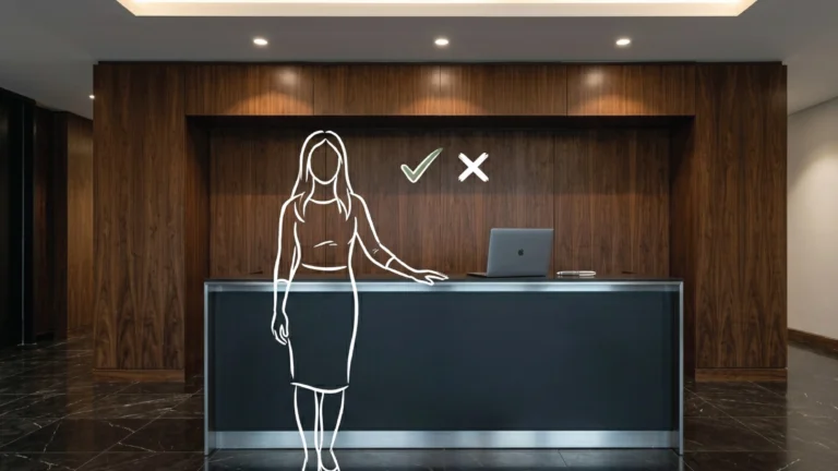 A premium Upper Hill Nairobi building lobby with dark marble floors, a single charcoal and brushed steel reception desk, warm recessed lighting above