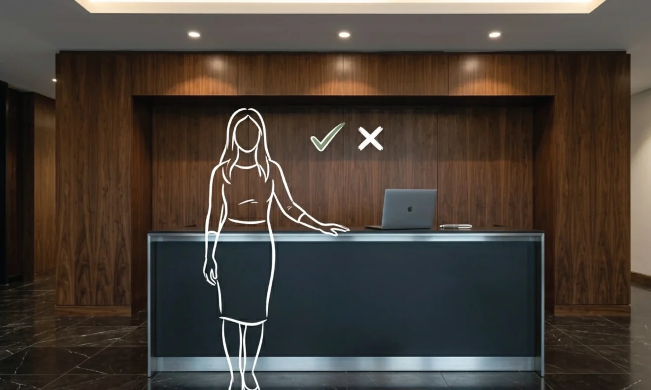 A premium Upper Hill Nairobi building lobby with dark marble floors, a single charcoal and brushed steel reception desk, warm recessed lighting above