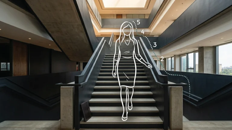 A wide interior staircase in a premium Upper Hill Nairobi office building, shot from below looking up through multiple floors of clean concrete and dark steel