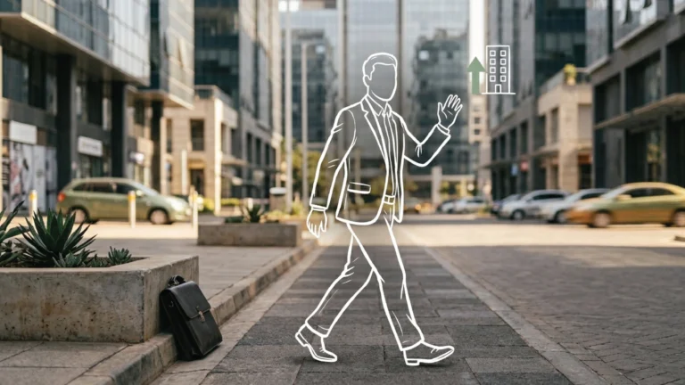 An empty Upper Hill Nairobi pavement with glass office towers compressed by telephoto lens, a leather portfolio leaning against a concrete planter