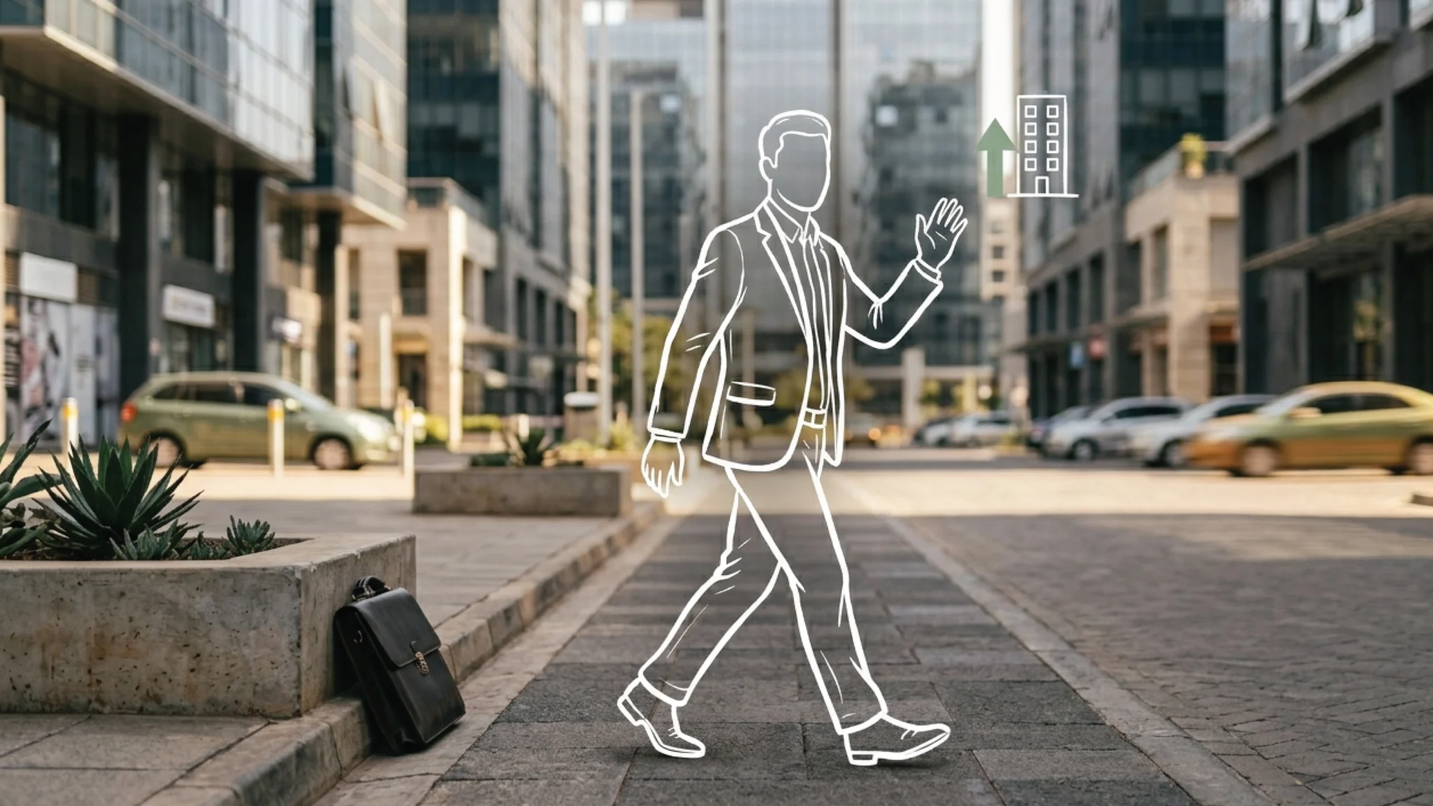 An empty Upper Hill Nairobi pavement with glass office towers compressed by telephoto lens, a leather portfolio leaning against a concrete planter