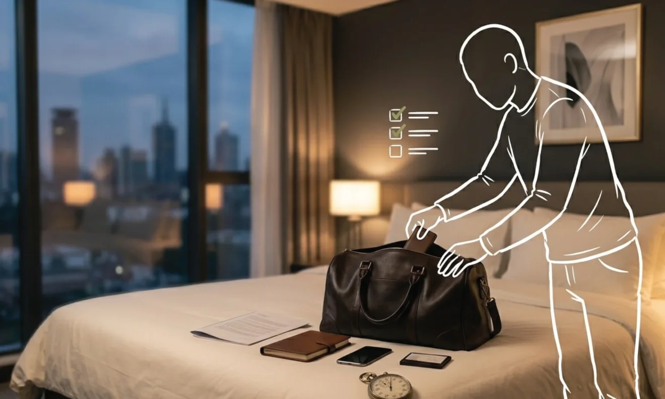 A dark leather weekender bag open on a hotel bed in Nairobi, documents and a notebook arranged with deliberate care on the white linen around it
