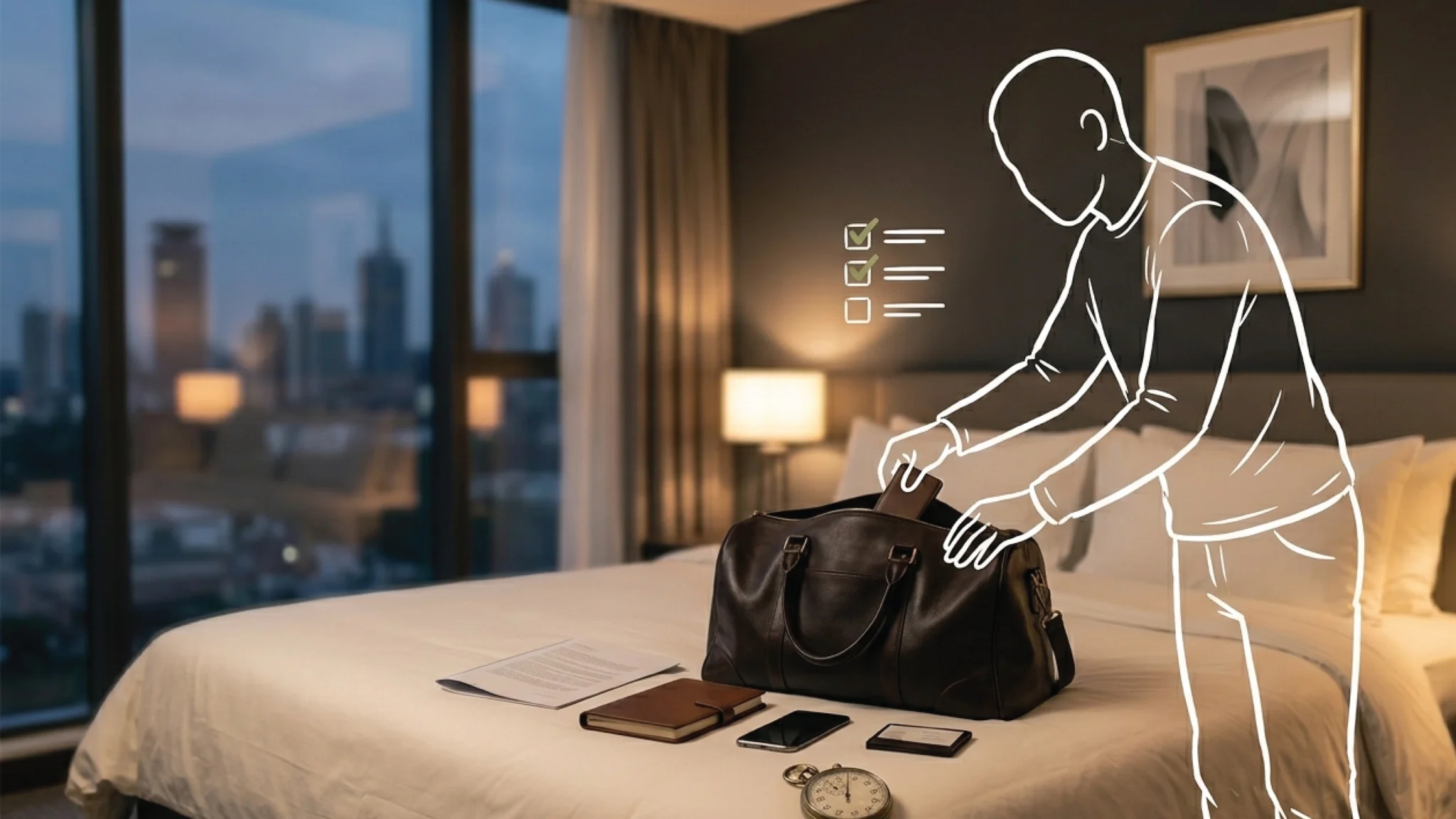 A dark leather weekender bag open on a hotel bed in Nairobi, documents and a notebook arranged with deliberate care on the white linen around it