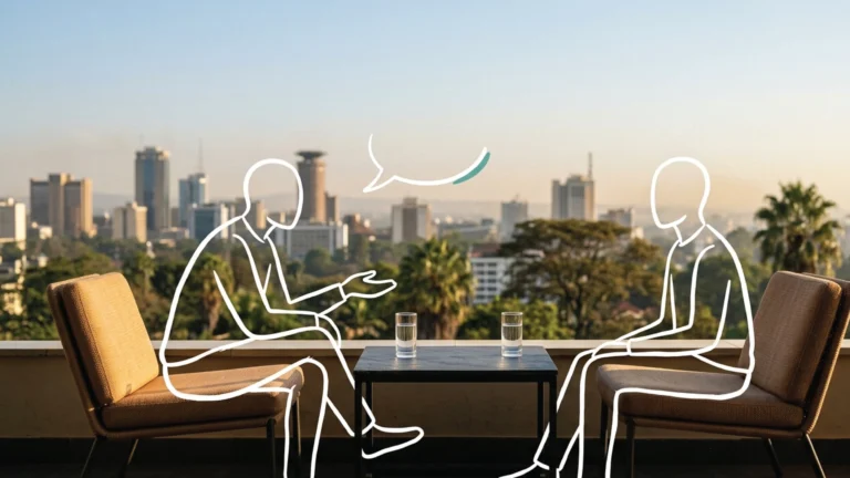 Two empty chairs facing each other on a Nairobi rooftop terrace, the city skyline soft behind, a low slate table between them