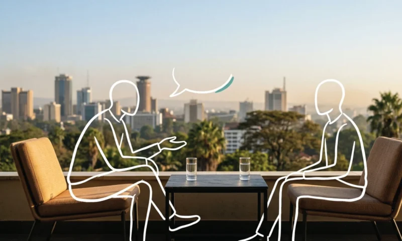 Two empty chairs facing each other on a Nairobi rooftop terrace, the city skyline soft behind, a low slate table between them