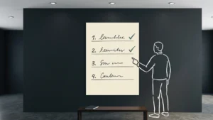 A cleanly mounted numbered four-item list on a deep charcoal wall in a Nairobi office, the first two items ticked, the third and fourth unmarked