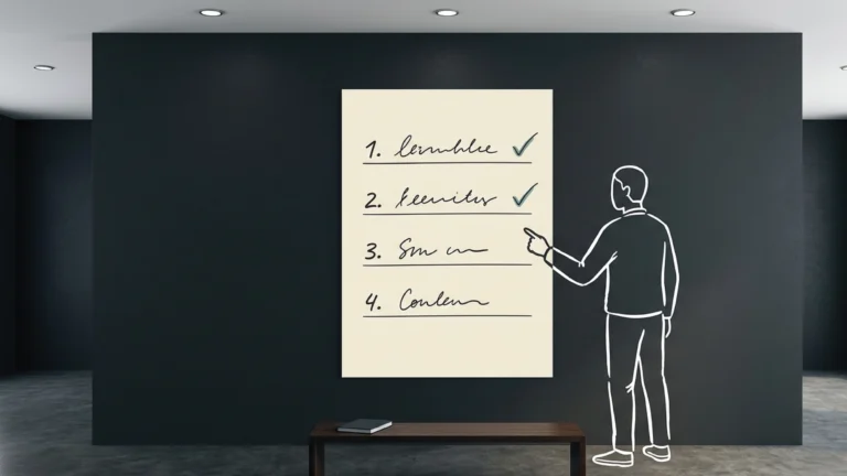 A cleanly mounted numbered four-item list on a deep charcoal wall in a Nairobi office, the first two items ticked, the third and fourth unmarked