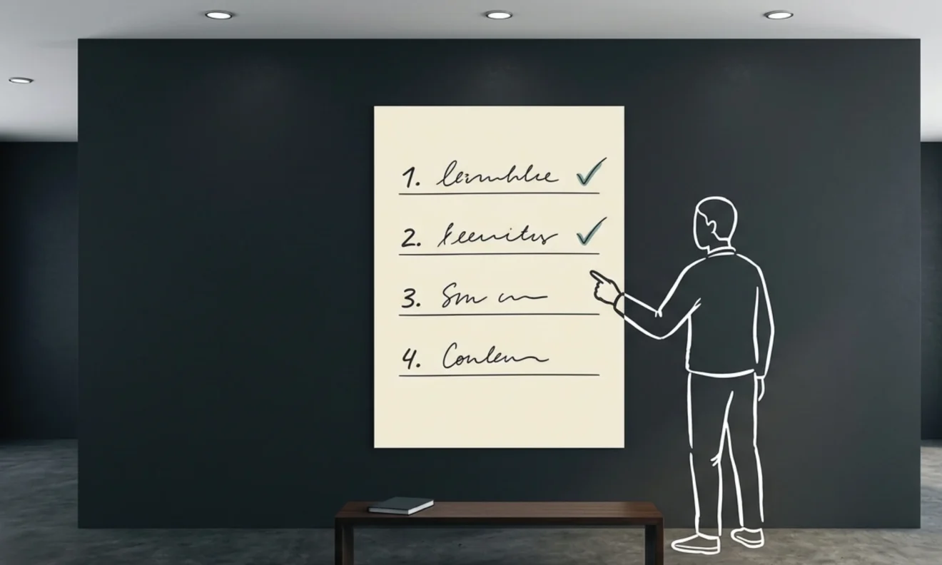 A cleanly mounted numbered four-item list on a deep charcoal wall in a Nairobi office, the first two items ticked, the third and fourth unmarked