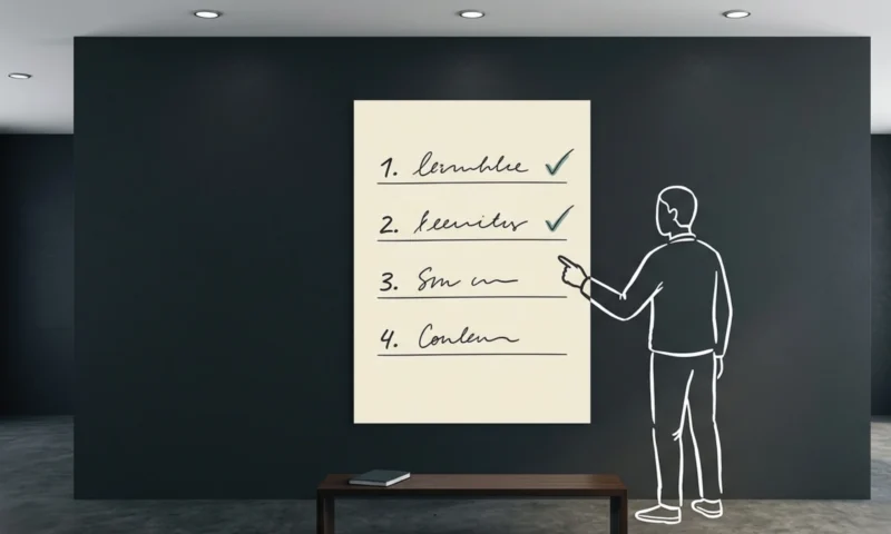 A cleanly mounted numbered four-item list on a deep charcoal wall in a Nairobi office, the first two items ticked, the third and fourth unmarked