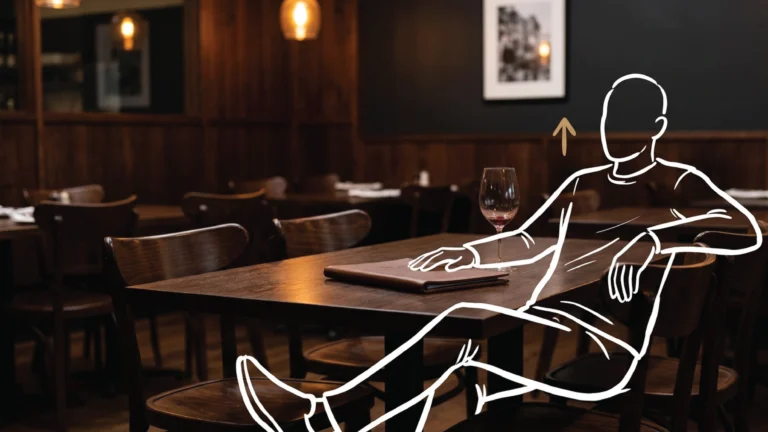 A closed leather receipt folder on a dark timber restaurant table in Nairobi, a near-empty wine glass beside it, warm amber interior light surrounding it