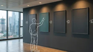 Four identical dark-framed panels mounted in a clean row on a deep charcoal wall in a premium Upper Hill Nairobi office corridor