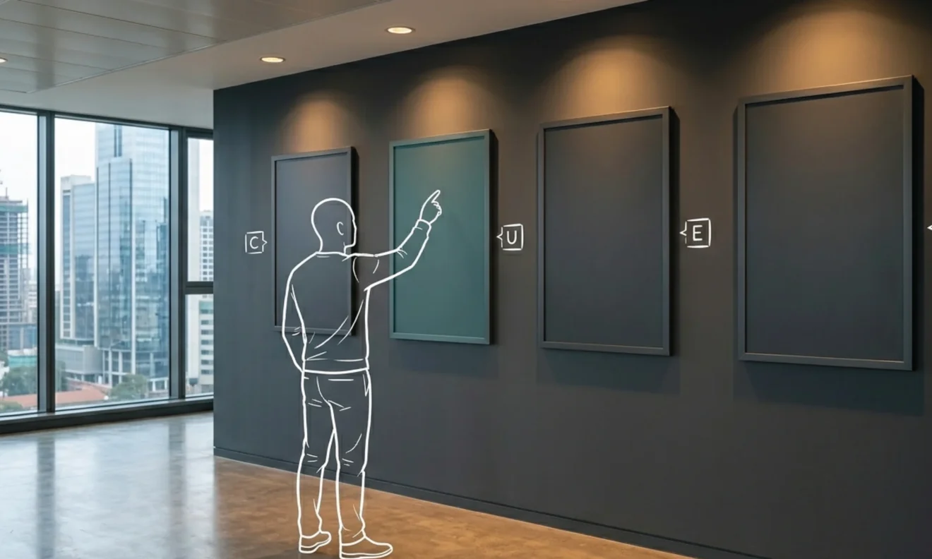 Four identical dark-framed panels mounted in a clean row on a deep charcoal wall in a premium Upper Hill Nairobi office corridor