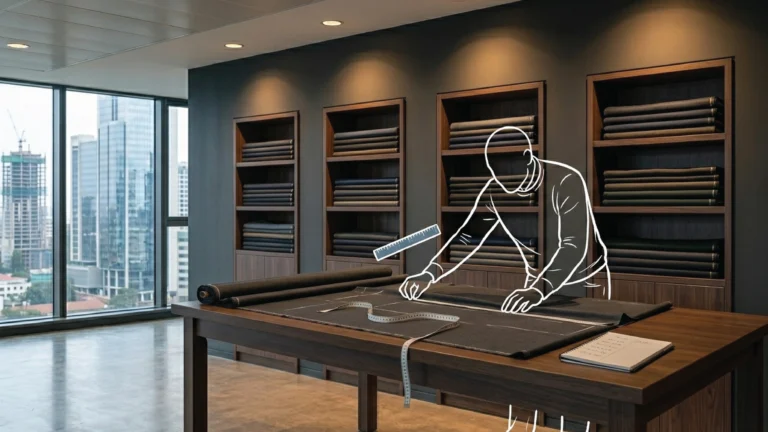 A premium tailoring studio worktable in Nairobi, rich charcoal fabric partially cut, a measuring tape draped across it, handwritten measurements in a notebook beside it