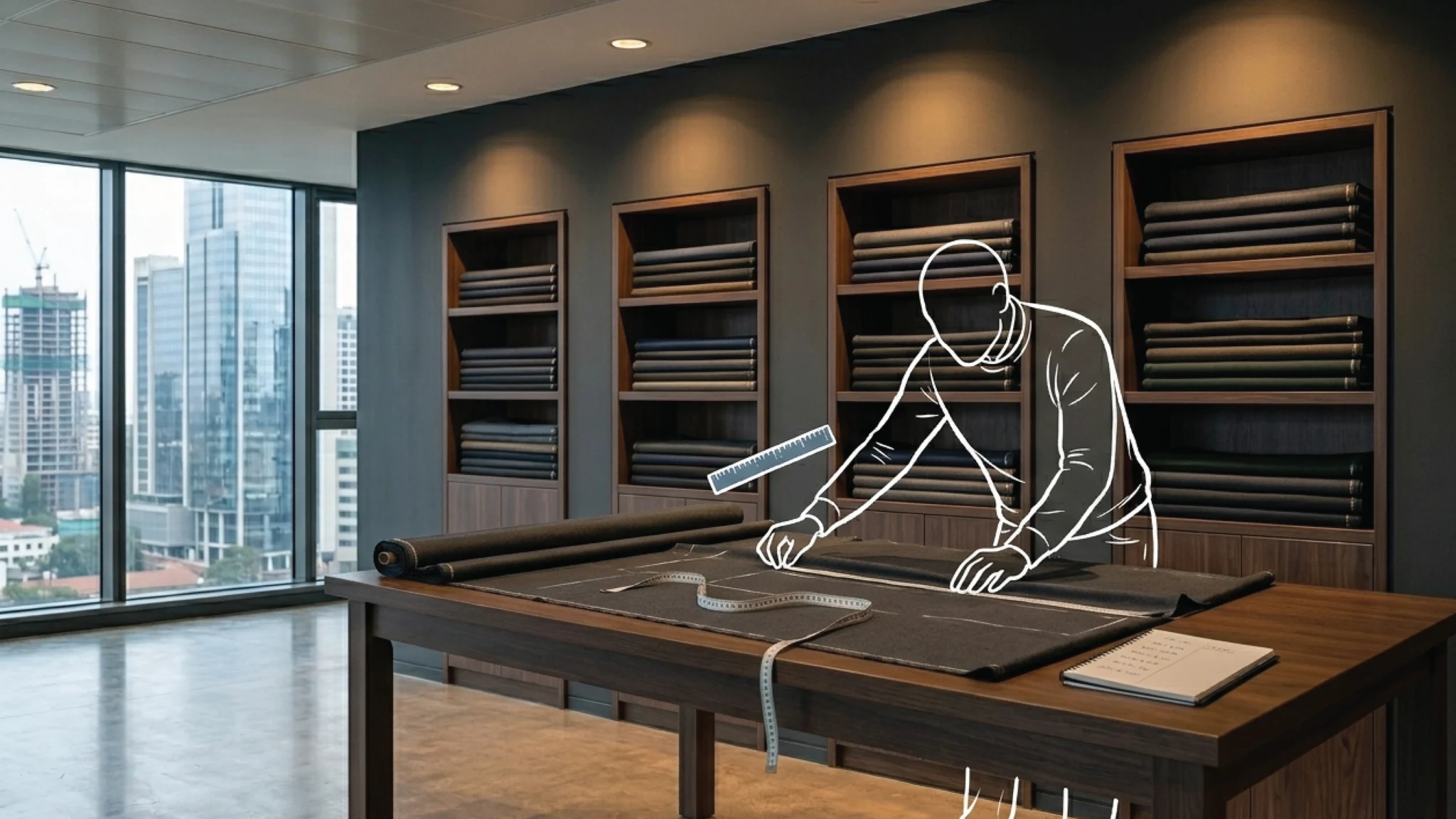 A premium tailoring studio worktable in Nairobi, rich charcoal fabric partially cut, a measuring tape draped across it, handwritten measurements in a notebook beside it