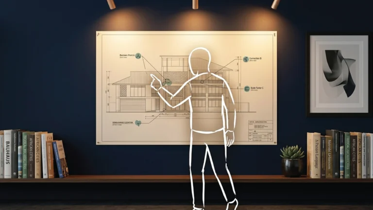 A large technical blueprint pinned flat to a deep navy studio wall in Nairobi, clean geometric lines and notations visible under warm track lighting