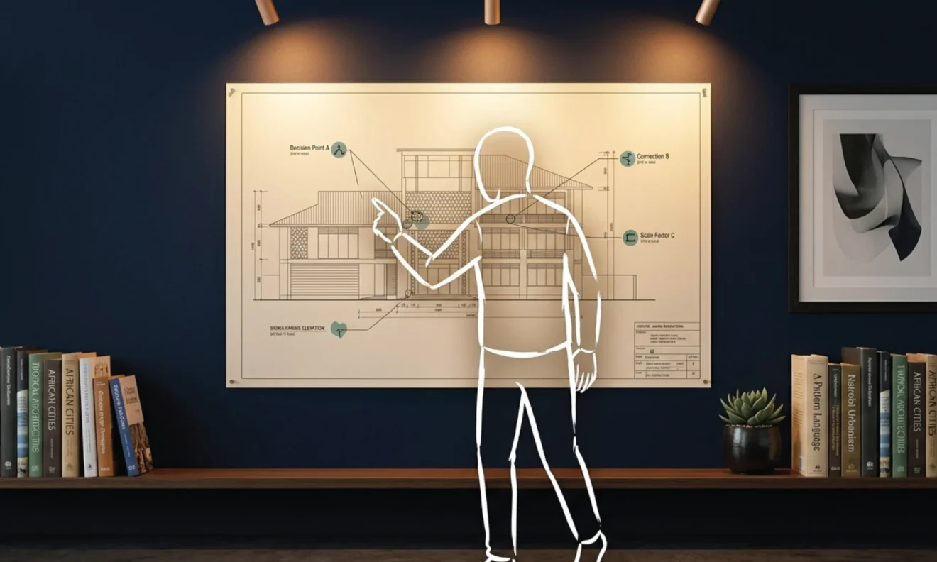 A large technical blueprint pinned flat to a deep navy studio wall in Nairobi, clean geometric lines and notations visible under warm track lighting