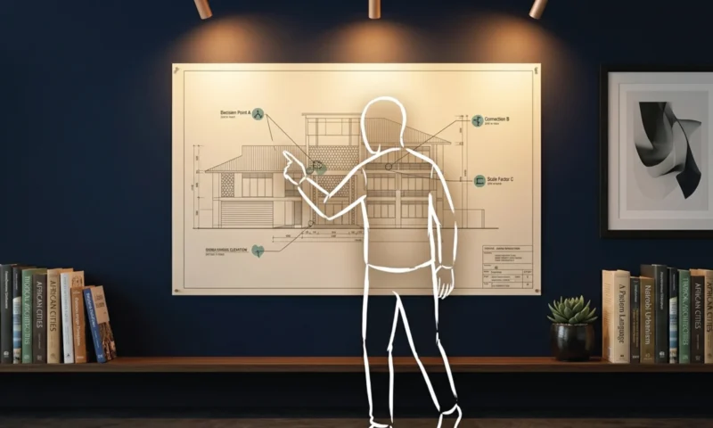 A large technical blueprint pinned flat to a deep navy studio wall in Nairobi, clean geometric lines and notations visible under warm track lighting