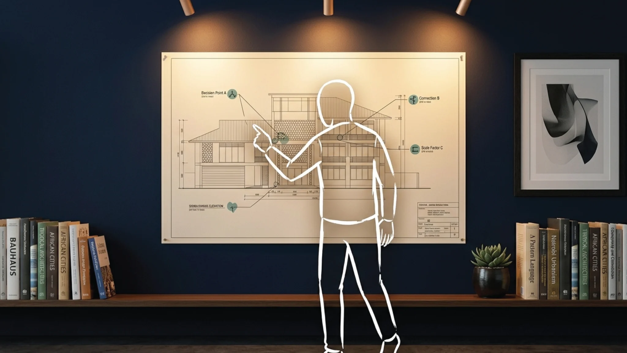 A large technical blueprint pinned flat to a deep navy studio wall in Nairobi, clean geometric lines and notations visible under warm track lighting