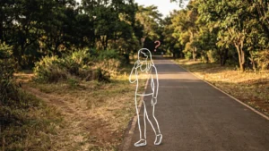 A Nairobi park path splitting into a maintained paved route and a worn overgrown shortcut through dry grass, afternoon light across both options