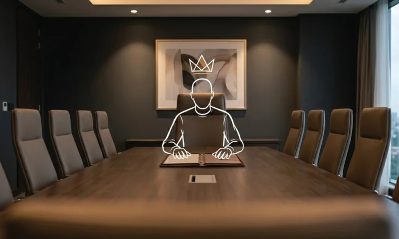 A long dark walnut boardroom table in an Upper Hill Nairobi office, the head chair pulled back from the table, a leather portfolio open in front of it