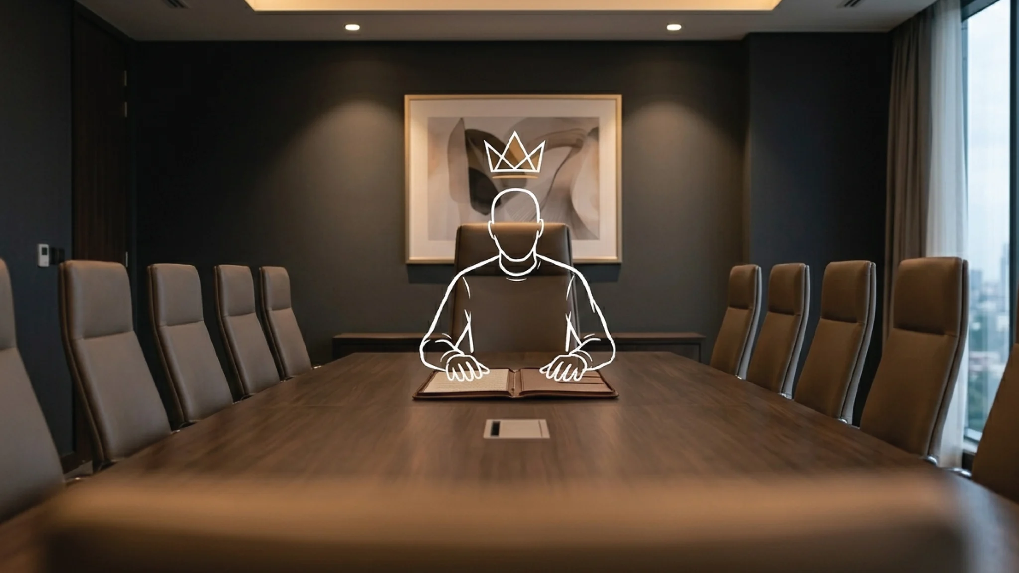 A long dark walnut boardroom table in an Upper Hill Nairobi office, the head chair pulled back from the table, a leather portfolio open in front of it