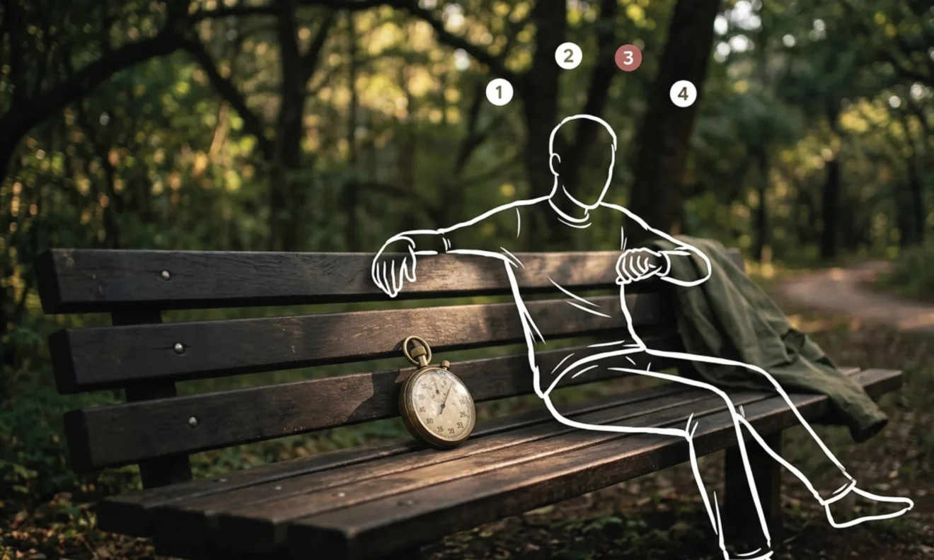 A wooden park bench in Karura Forest Nairobi, dappled afternoon light through trees, a vintage stopwatch resting on the timber surface