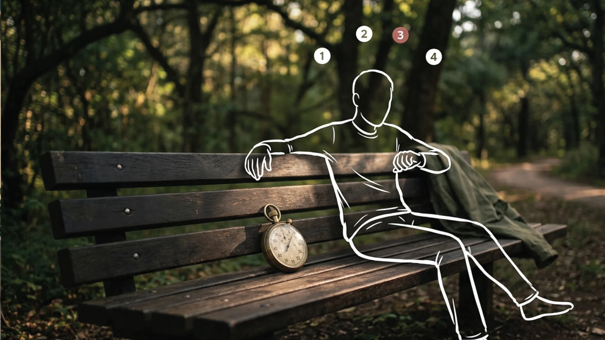 A wooden park bench in Karura Forest Nairobi, dappled afternoon light through trees, a vintage stopwatch resting on the timber surface