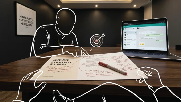 A printed brand presentation marked with handwritten annotations, circles and notes in the margins, an uncapped red pen resting across it on a dark walnut desk