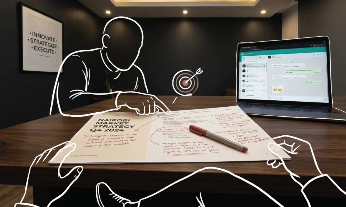 A printed brand presentation marked with handwritten annotations, circles and notes in the margins, an uncapped red pen resting across it on a dark walnut desk