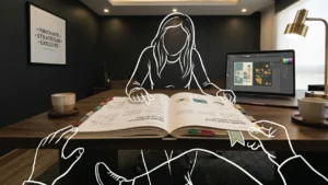 An open brand guidelines document on a dark walnut desk in Nairobi, pages tabbed with coloured markers and annotated with handwritten notes in the margins