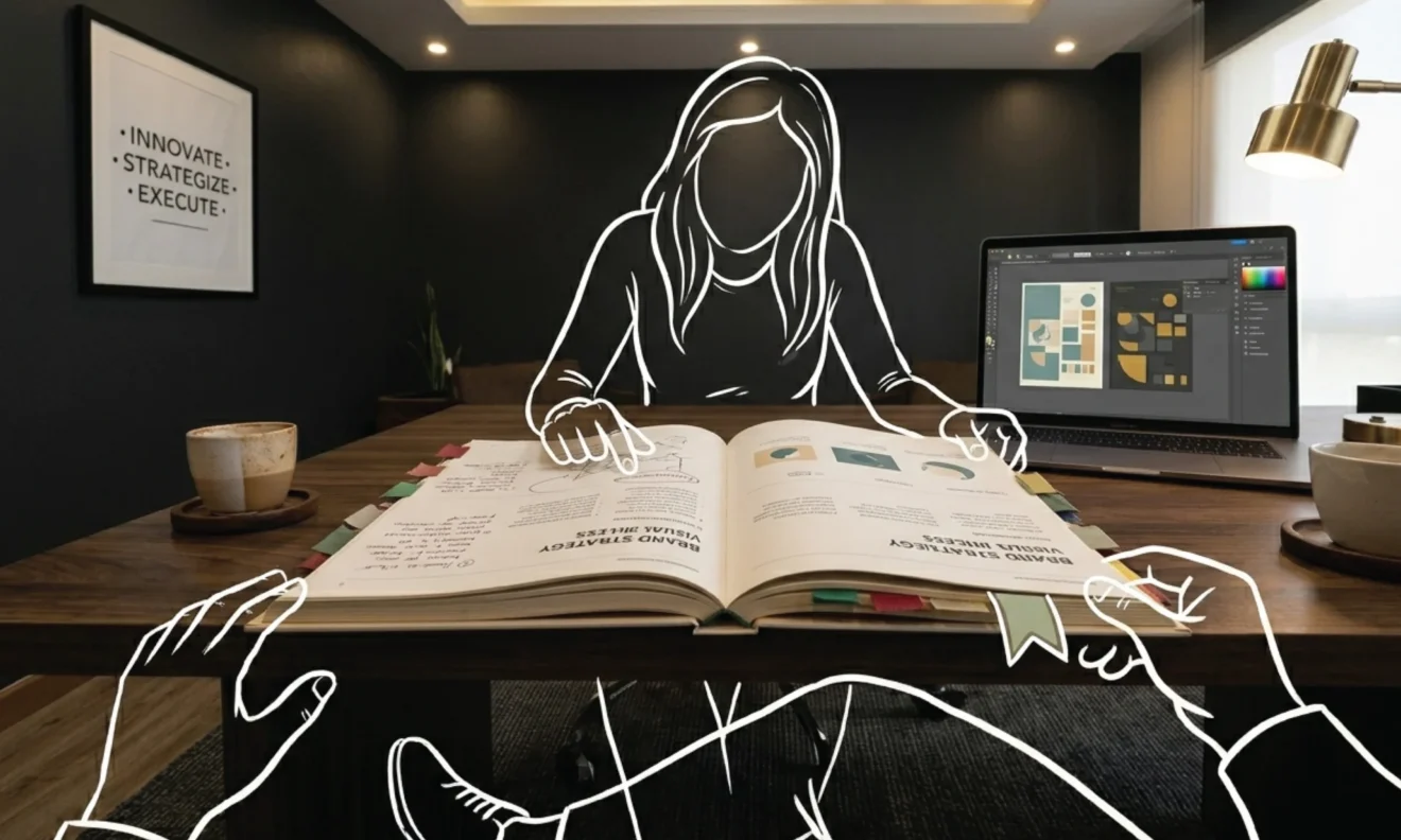 An open brand guidelines document on a dark walnut desk in Nairobi, pages tabbed with coloured markers and annotated with handwritten notes in the margins